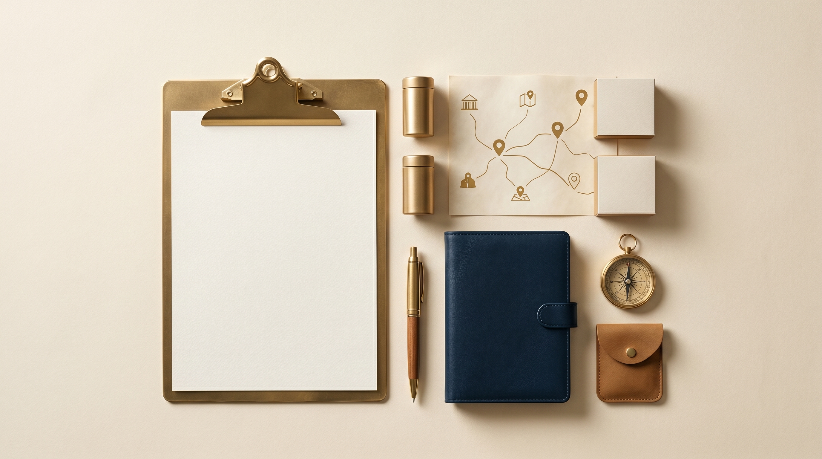 Editorial top-down still life of a field marketing rep's kit on a warm cream surface — route map, demo materials, and clipboard arranged in restrained navy and gold tones under soft daylight.